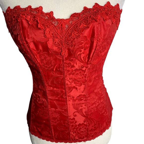 Fredericks Hollywood Dream Sweetheart Corset 32 Red Jacquard Lace Hook Closure - Picture 3 of 9